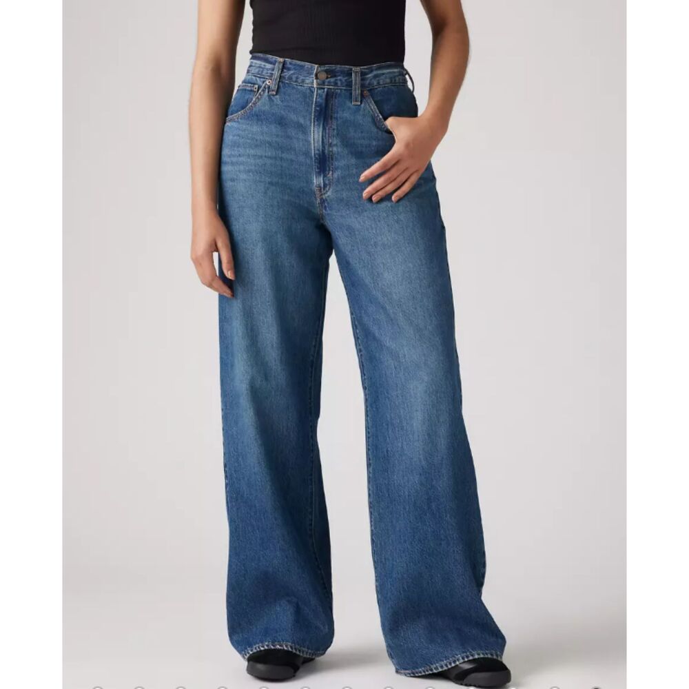 Levi's Cinch Baggy High Rise Wide Leg Medium Wash Jeans Sz 29 Adjustable Waist